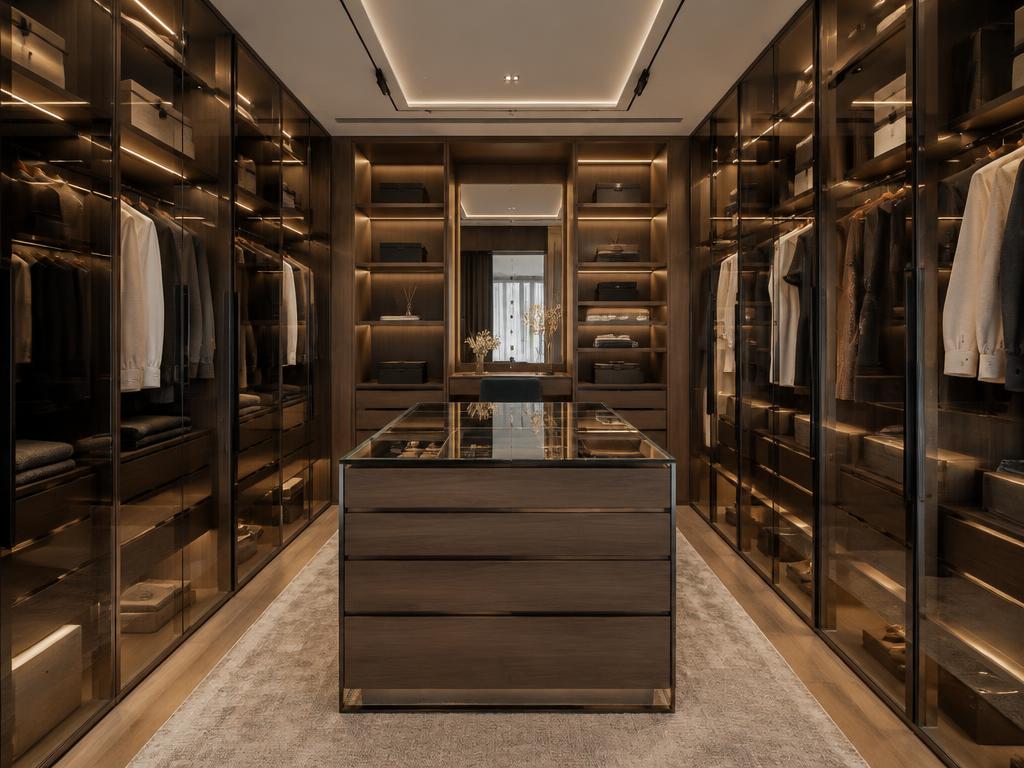 Dressing haut de gamme en bois et verre fumé avec éclairage intégré