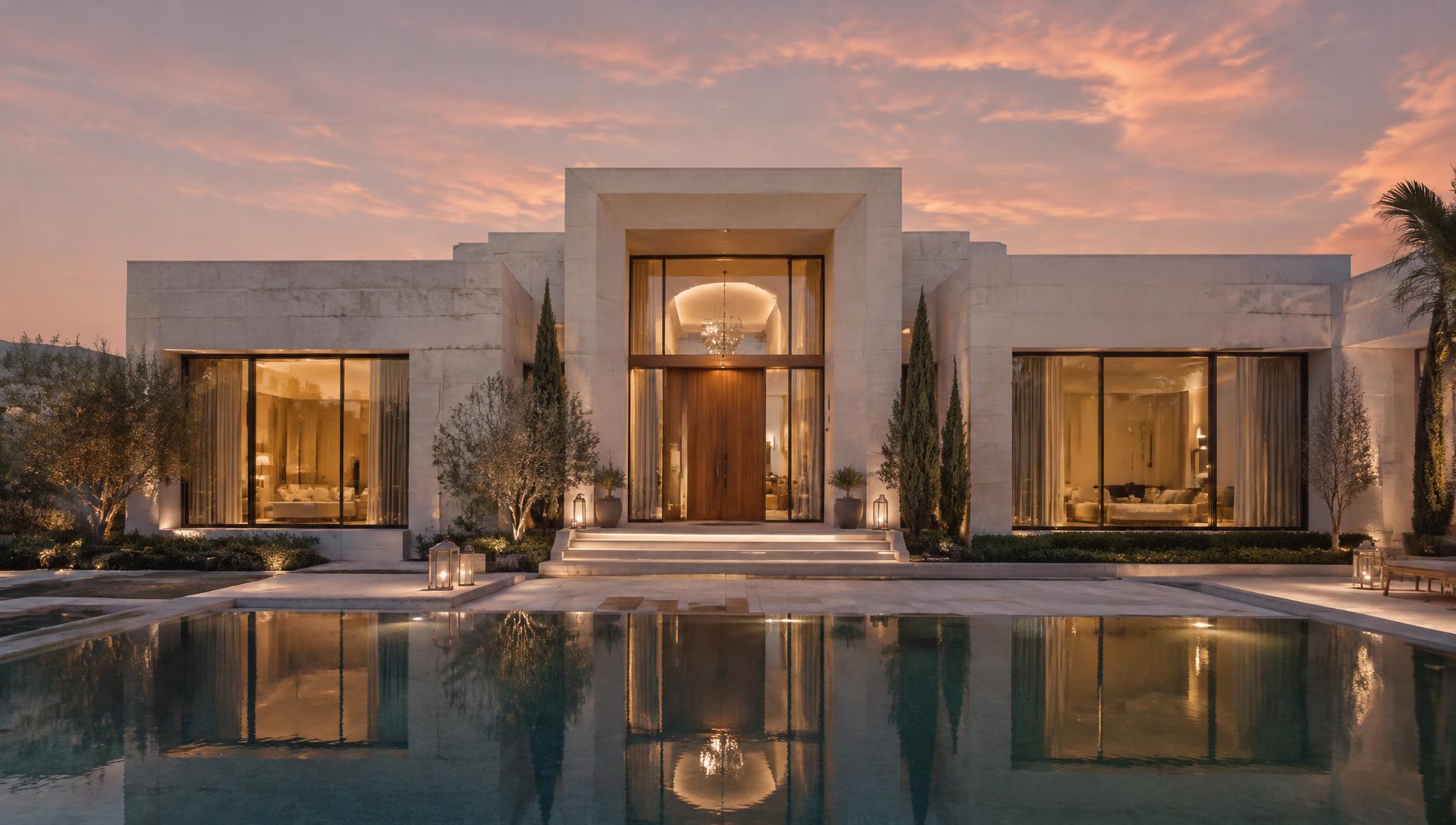 Villa contemporaine en pierre claire avec baies vitrées et porte en bois, au crépuscule